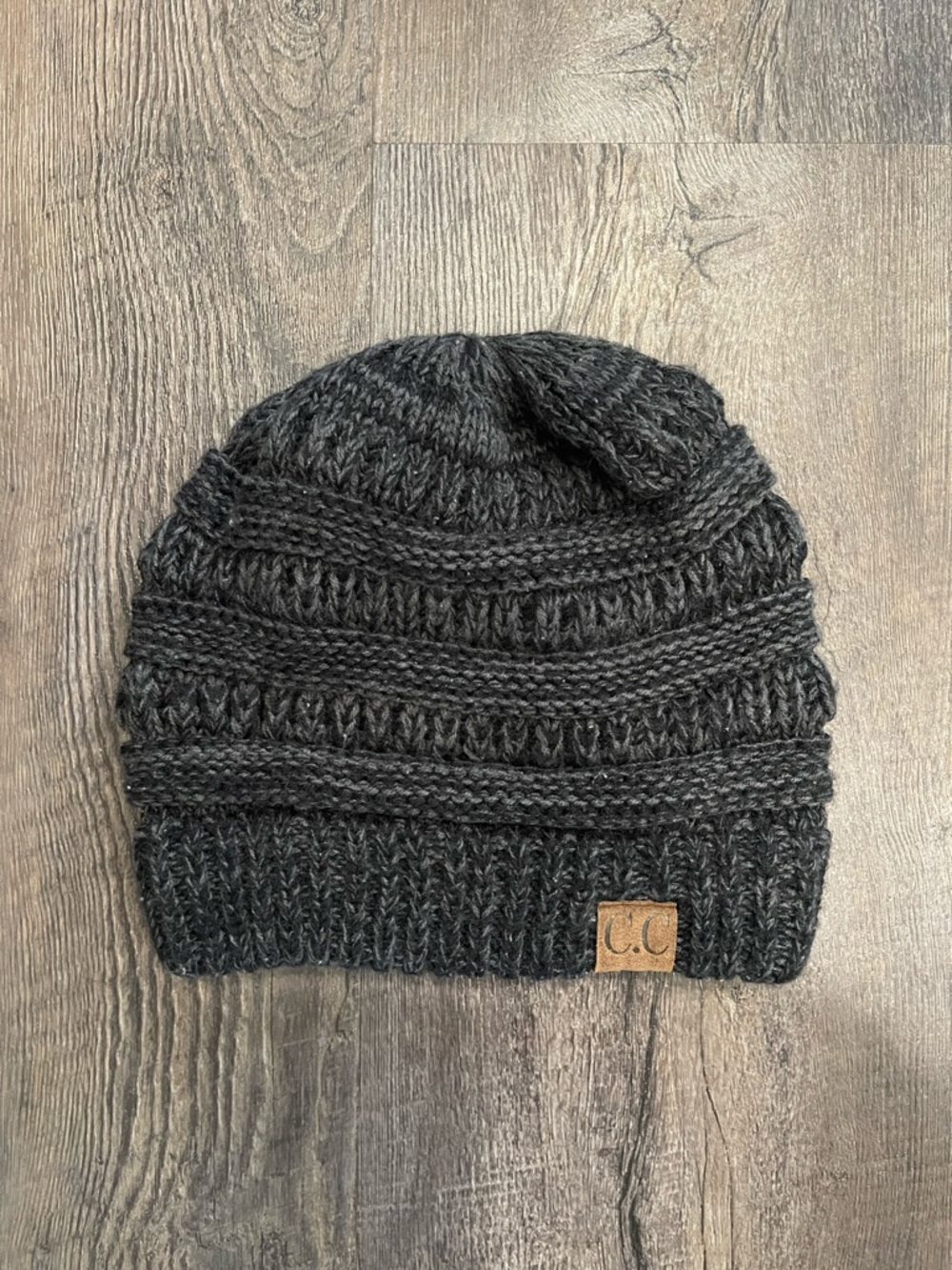 C.C Charcoal Ribbed Knit Beanie with Leather Logo